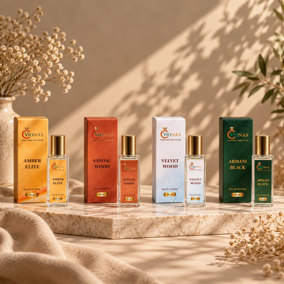 The complete Vionas set - Amber Elite, Sandal Wood, Velvet Wood and Armaani Black, all 20 ml, with their boxes on marble.